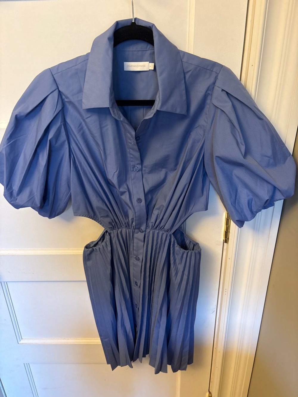 Jonathan Simkhai Blue Puff-Sleeve Pleated Shirt Dress